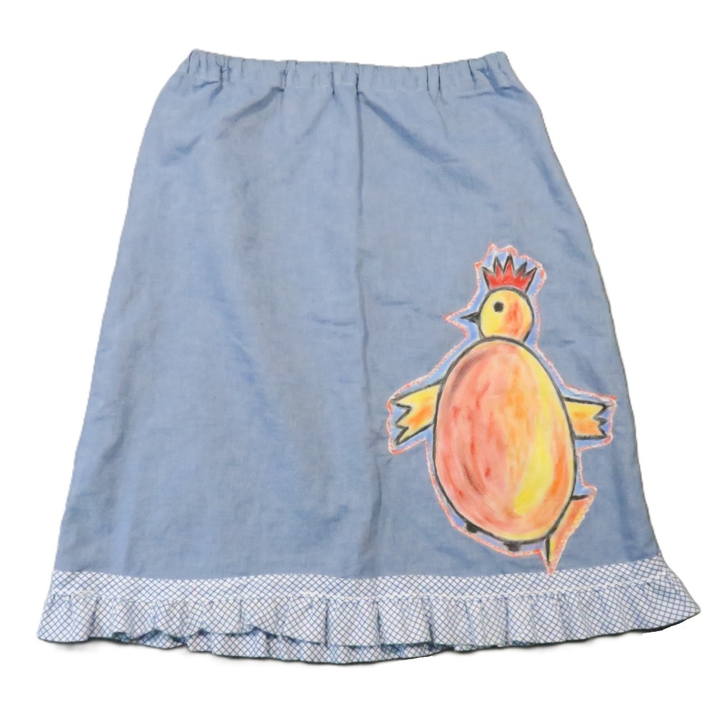 Hand Painted Chicken Denim Skirt XS Ruffle Elastic Waist Country Farm Whimsical